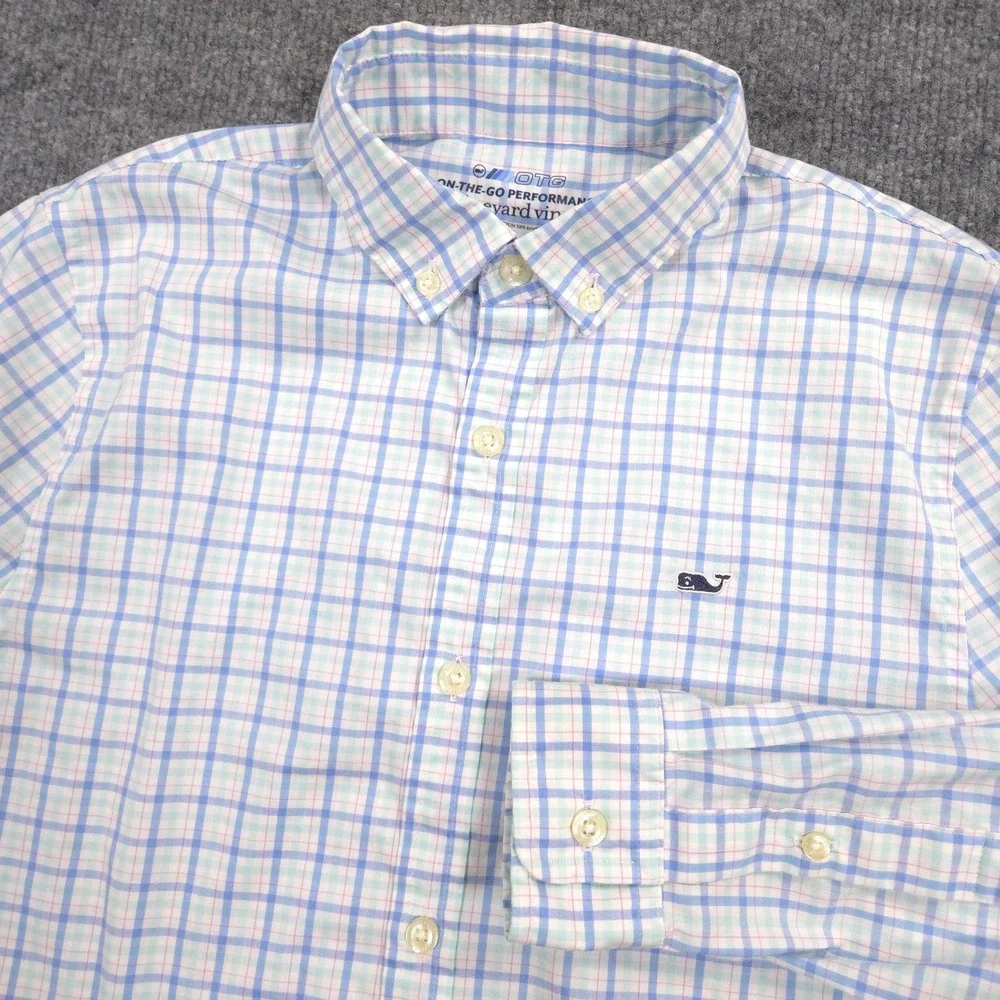 Vineyard Vines On The Go Performance Shirt Boys M 12-14 Blue Pink Plaid OTG